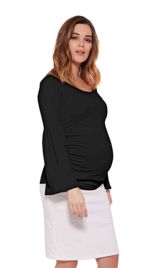 Stowaway Collection Bell Sleeve Maternity Top in Black Front View
