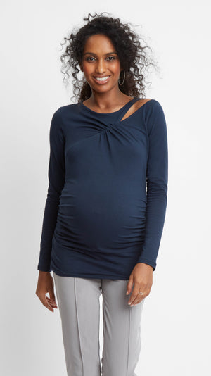 Stowaway Collection Cross Keyhole Maternity Top in Navy Front