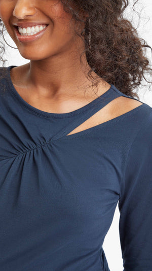 Stowaway Collection Cross Keyhole Maternity Top in Navy Front Cutout and Ruching Detail