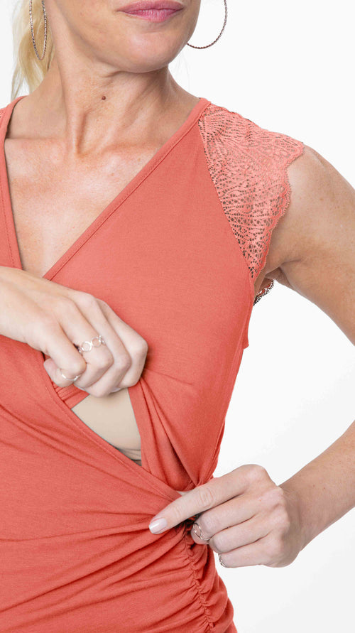 Stowaway Collection Chelsea Maternity & Nursing Dress in Coral Close Up of Nursing Opening
