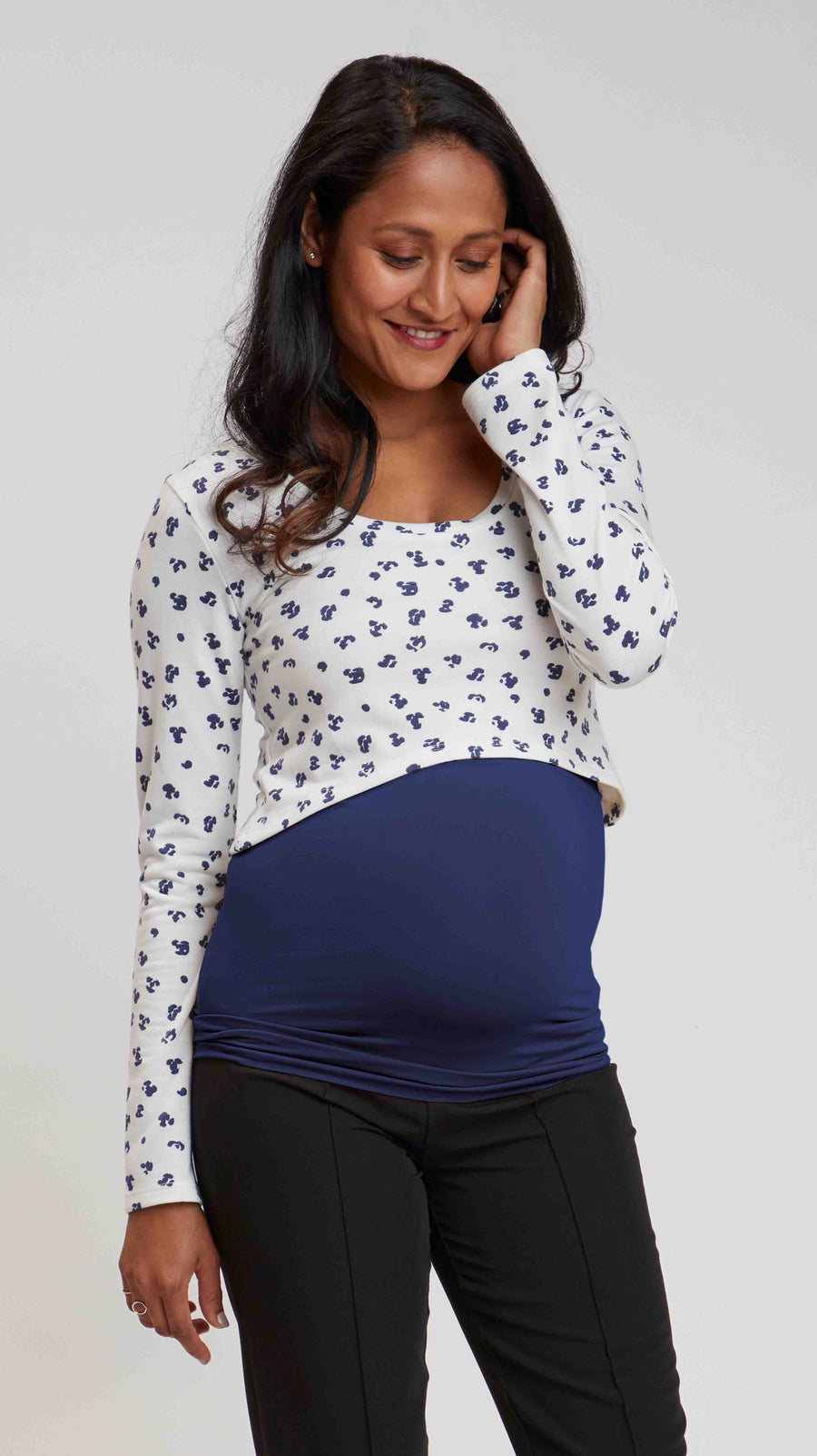 Stowaway Collection Cropped Maternity Top & Nursing Cover Shown Over Navy Tank Print Detail