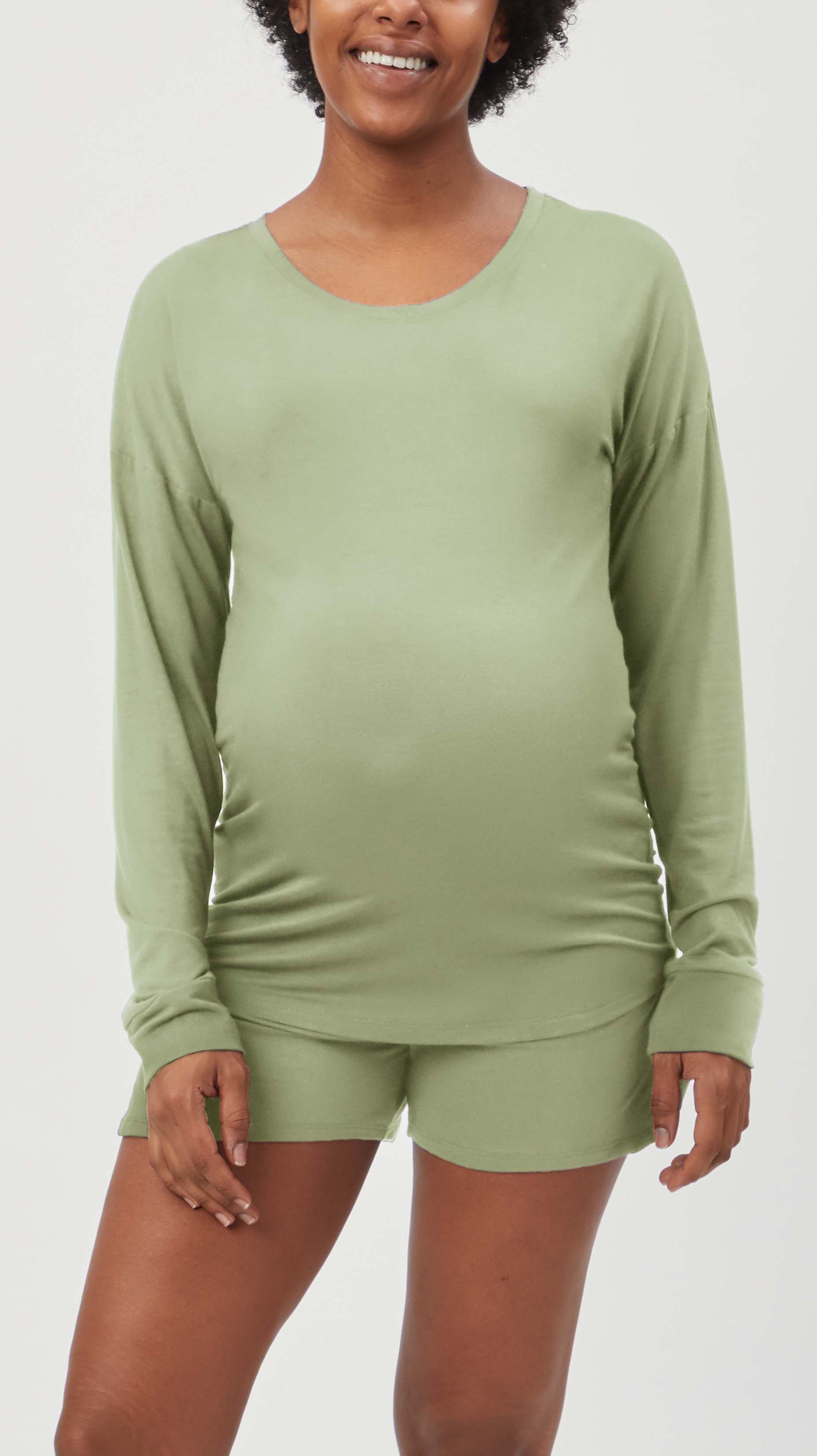 Stowaway Collection Maternity Loungewear shorts in Pistachio - Front View