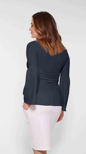 Stowaway Collection Bell Sleeve Maternity Top in Navy Back View